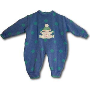Adorable One Piece Baby Unisex Jumper Blue Green Happy Snow Bunny Size 12 Months